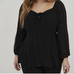 Torrid Black Tie Front Peplum Blouse Gauze Lace Sleeve